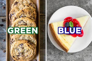 On the left, some chocolate chip cookies labeled "green," and on the right, a slice of cheesecake topped with berries labeled "blue"