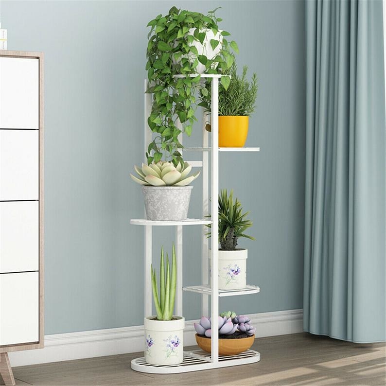 plants on each tier of the white Metal Flower Pot Plant Display rack