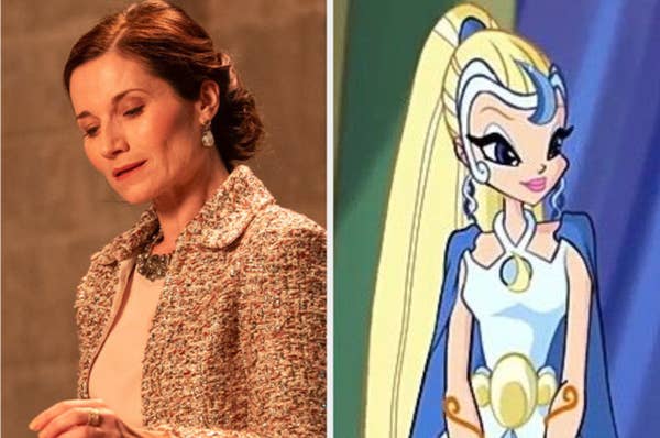 Kate Fleetwood wears a tweed jacket and a bejeweled necklace while the animated Queen Luna is dressed in a futuristic outfit that features a cape and a crescent moon headpiece