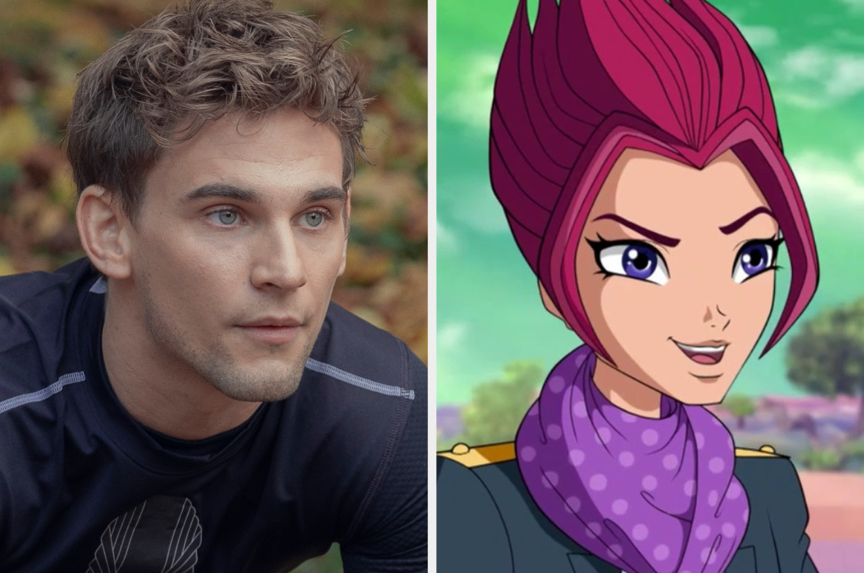 A closeup of Freddie Thorp, who has short-cropped hair, and the animated Sky, who has purple hair and eyes