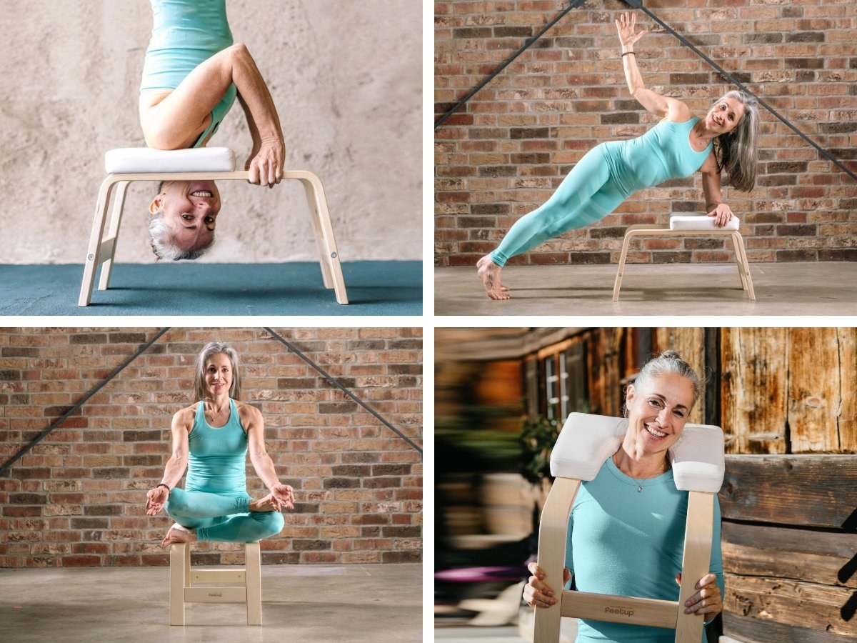 model using the wood bench with white cushion on top in a headstand, side plank, seated position, and over their shoulders