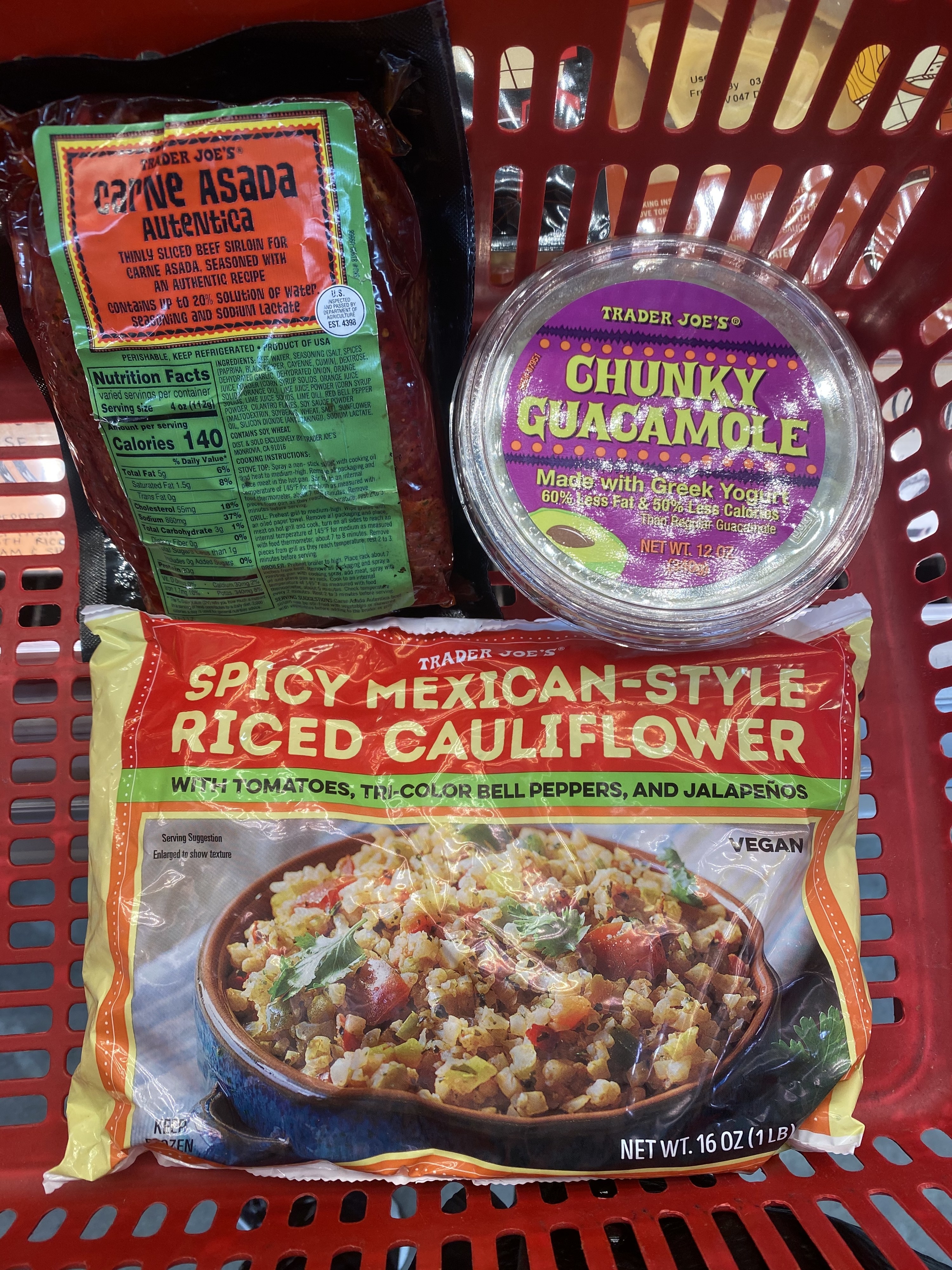 Spicy Mexican-Style Riced Cauliflower, Carne Asada Autentica, and Chunky Guacamole
