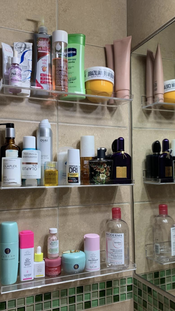 shelves hung up and installed in reviewer's bathroom