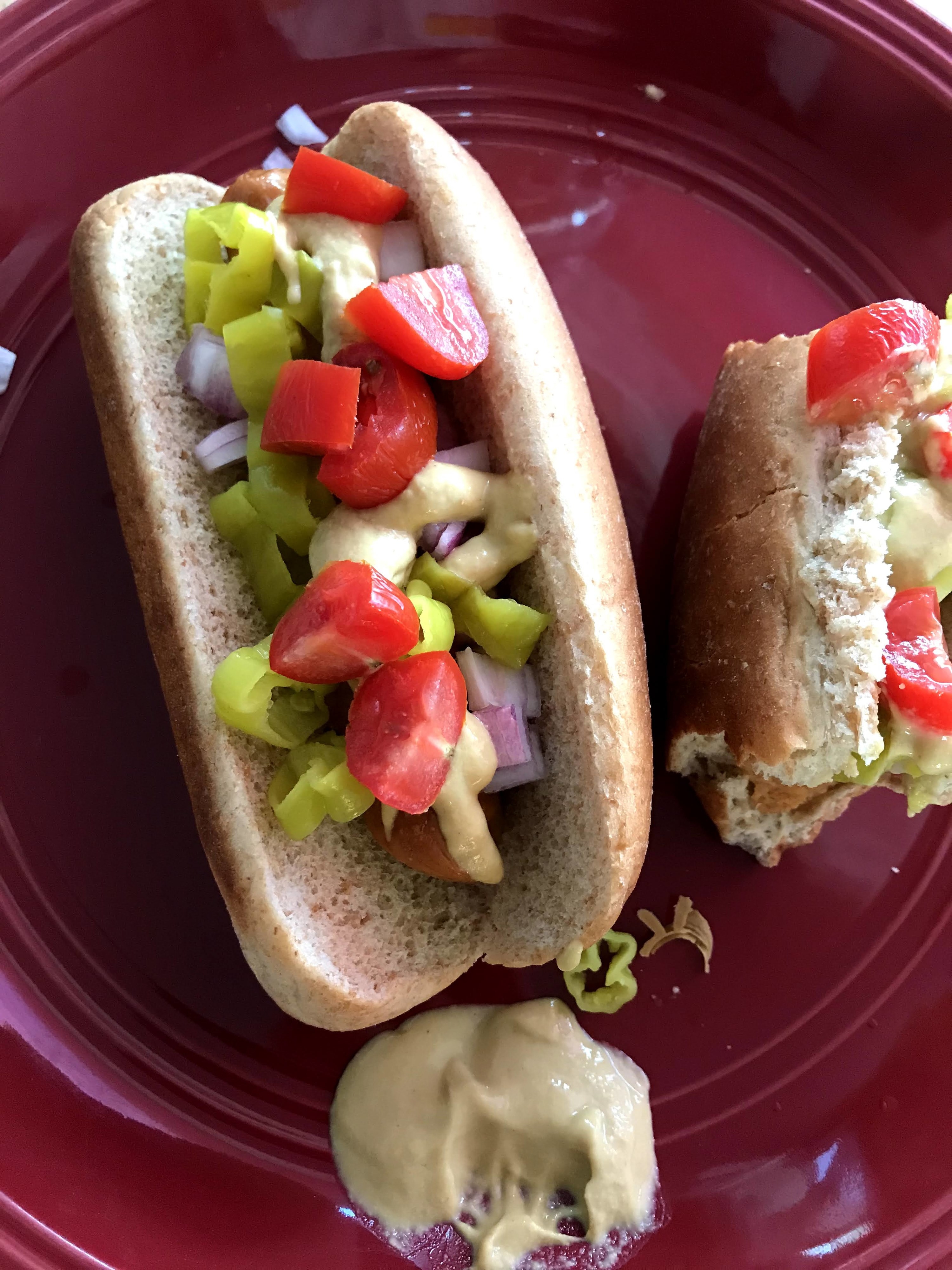 Two hot dogs on a plate