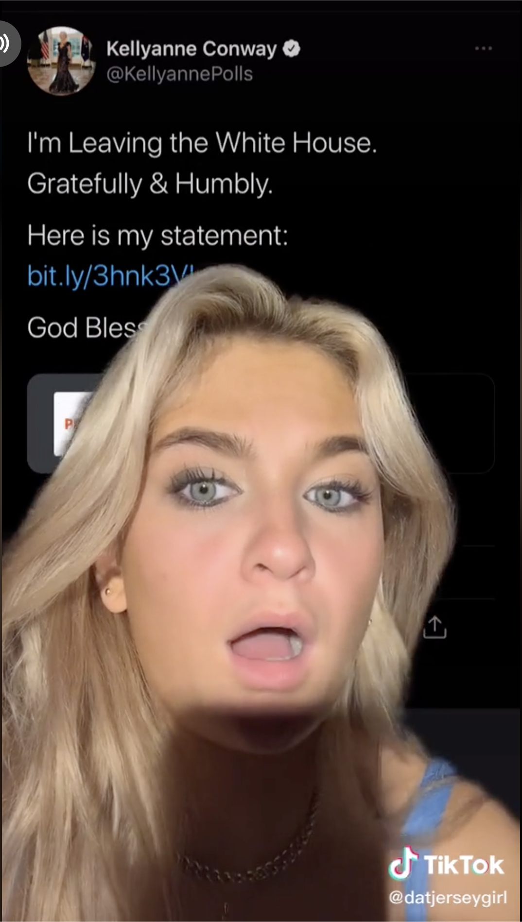 Screenshot from Claudia&#x27;s TikTok of Claudia staring at the camera with her mouth open as if in disbelief