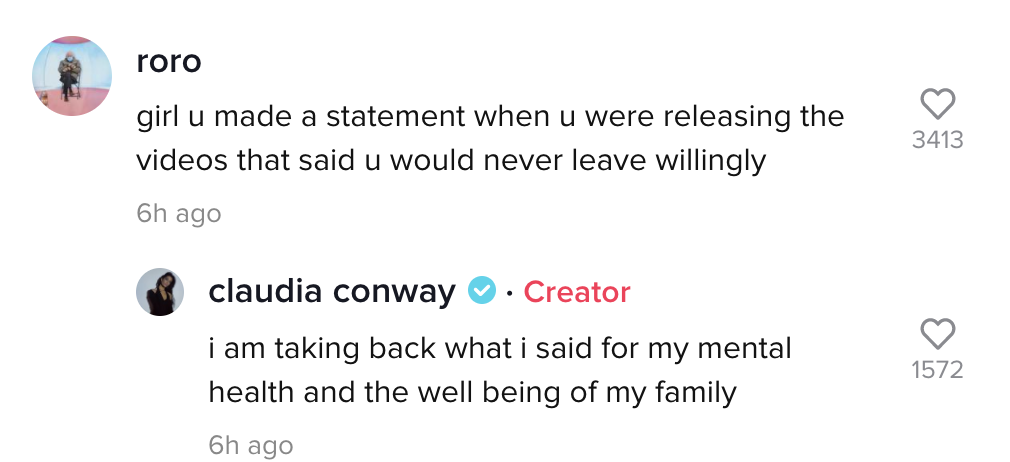 Screenshot from Claudia&#x27;s TikTok comments in which Claudia says &quot;i am taking back what said for my mental health and the well being of my family&quot;