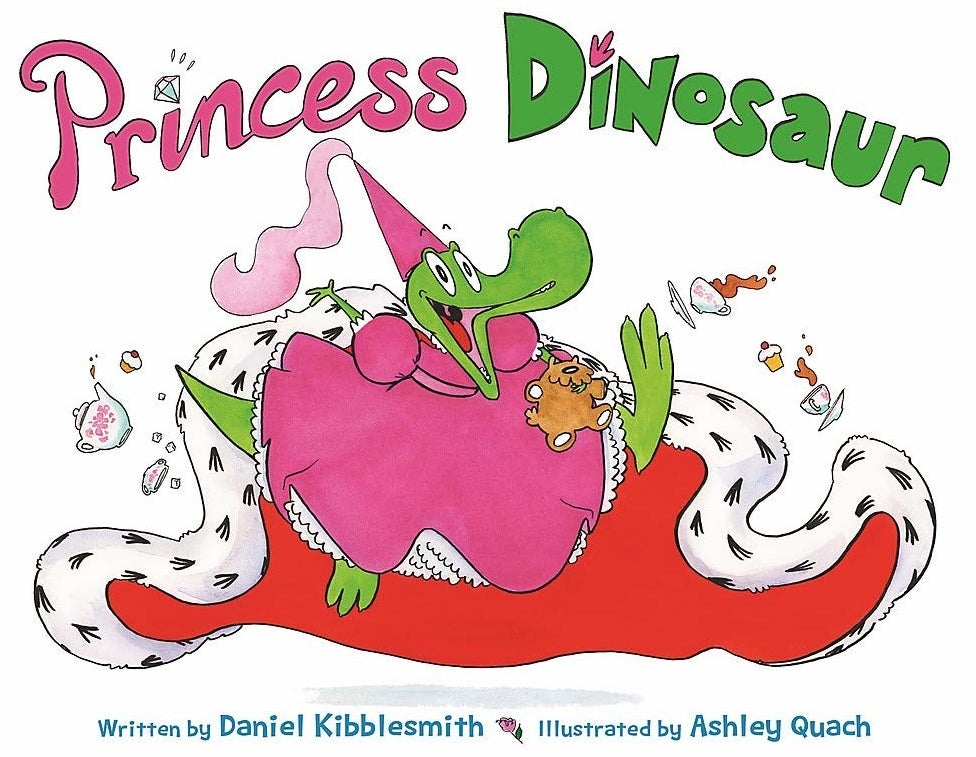 A green dinosaur wearing a princess dress, hat, and cape