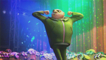 Gru from &quot;Despicable Me&quot; franchise dancing in a multi-coloured light as his minions look on in awe
