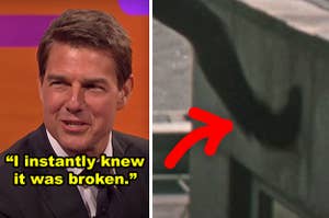 Tom Cruise on a talk show talking about breaking his foot in "Mission Impossible: Fallout"