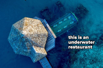 the resort with text "this is an underwater restaurant" 