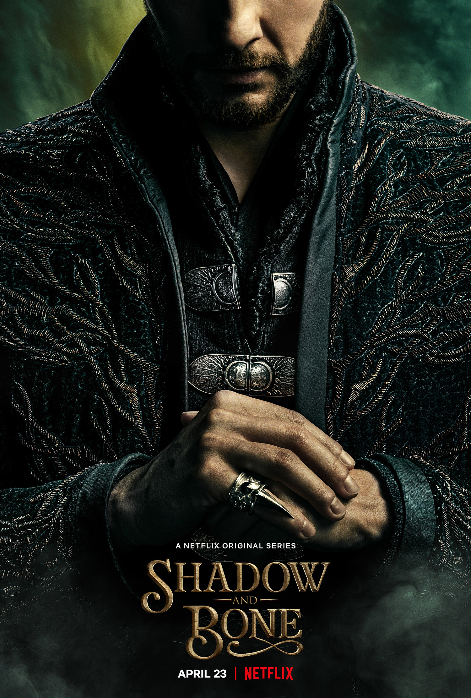 A &quot;Shadow and Bone&quot; poster featuring the date and the character of Kirigan