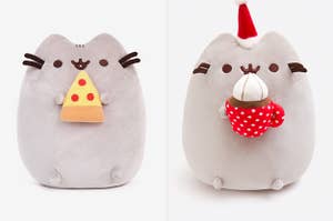 A pusheen holding a piece of pizza on the left and a pusheen holding a cup of hot cocoa on the right