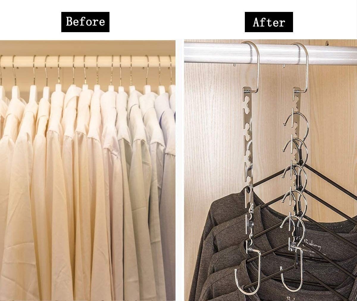 a before and after of clothes hanging normally and then with the fold down