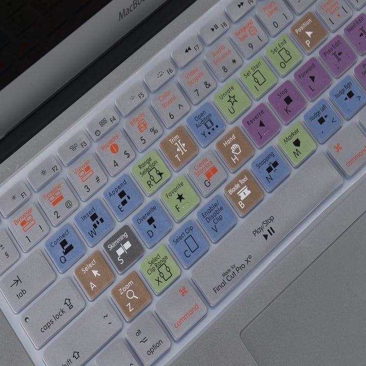 A plastic keyboard cover with Final Cut Pro shortcuts on it 