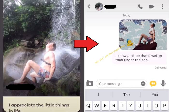 A Bumble match who poses in a photo under a waterfall next a photo where he's been photoshopped into a scene from "Little Mermaid" which is sent in a conversation