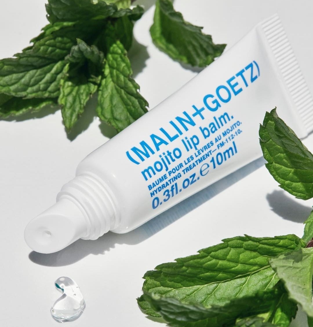 The lip balm surrounded by mint leaves