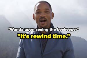 Will Smith in the 2018 YouTube rewind with text reading "Wanda upon seeing the beekeper: it's rewind time"