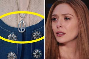 The S.W.O.R.D. logo necklace and Wanda crying in "WandaVision"