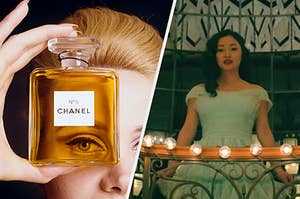 A woman holding a bottle of chanel number 5 over her eye on the left and lara jean from to all the boys wearing a beautiful tulle dress and looking over the railing of a lit up staircase on the right