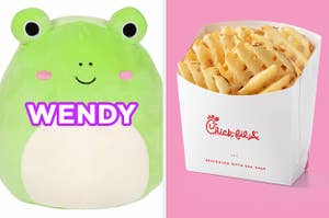 On the left, a plush frog toy with rosy cheeks labeled "Wendy," and on the right, some waffle fries from Chick-fil-A