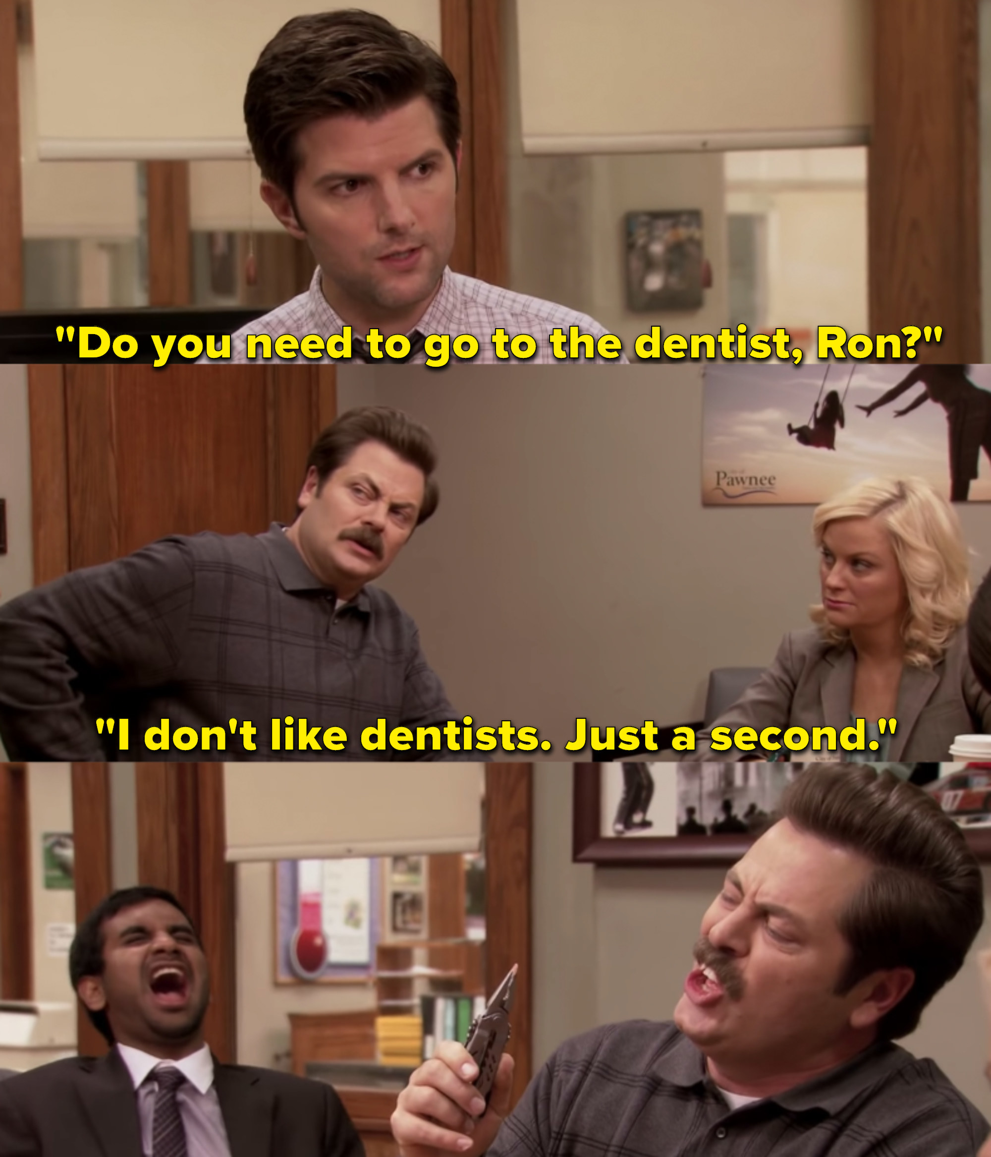 Adam Scott as Ben Wyatt, Aziz Ansari as Tom Haverford, and Nick Offerman as Ron Swanson in the show &quot;Parks and Recreation.&quot;