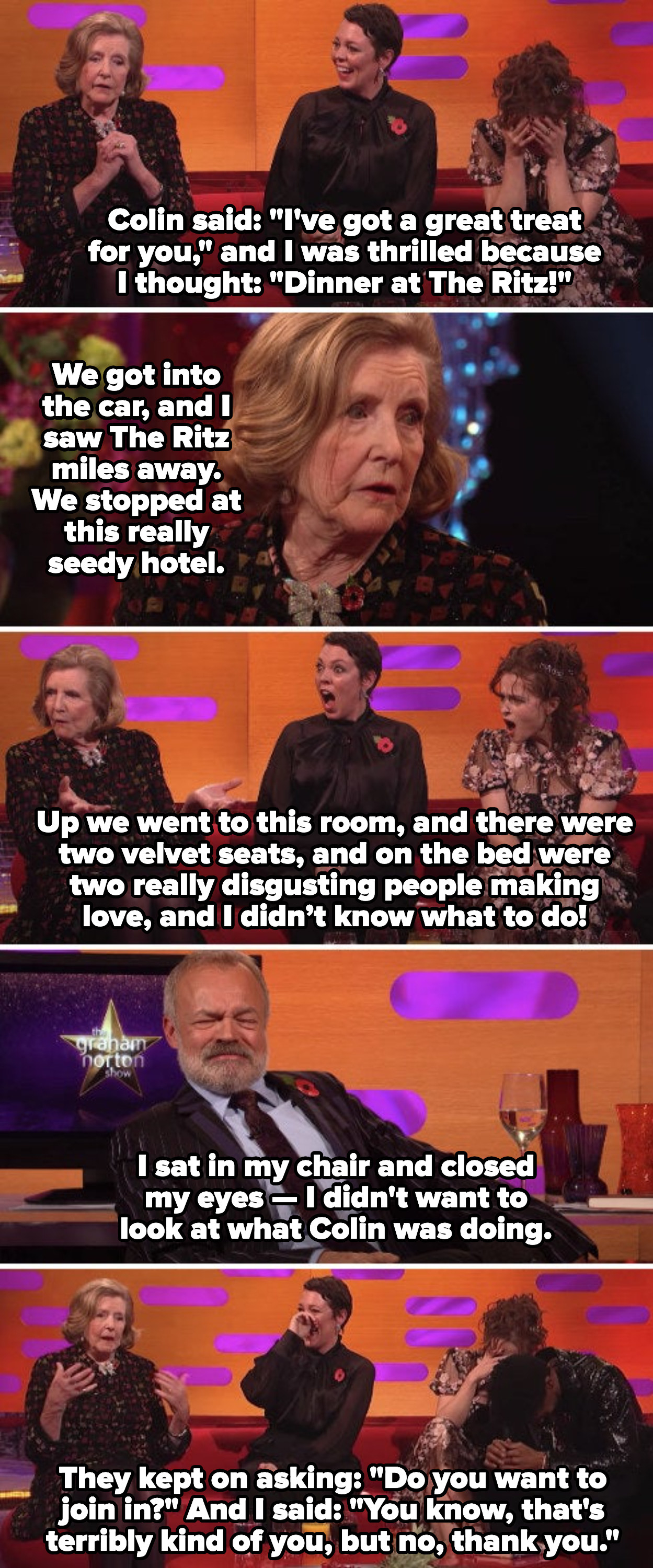 Lady Anne Glenconner describing how uncomfortable she felt in the brothel, and how the two people having sex in front of her repeatedly asked her to join in