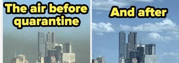 A smoggy sky and a clean one and the text: the air before quarantine and after