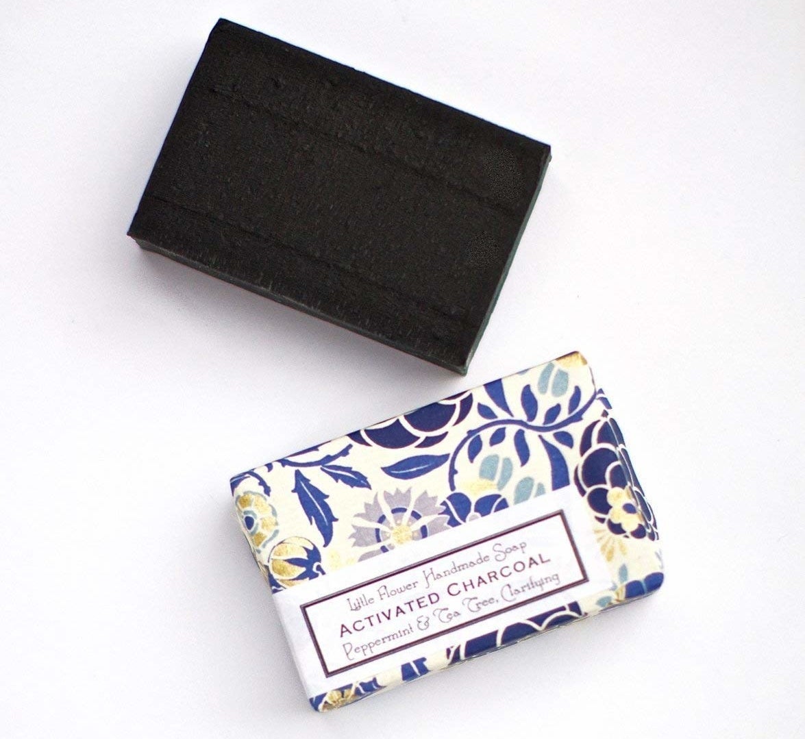 the black charcoal soap bar and the pretty packaging the soap comes in