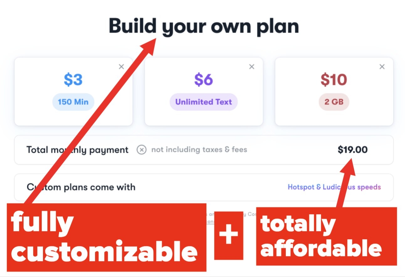 An example of a fully customizable US Mobile phone plan for $19 a month