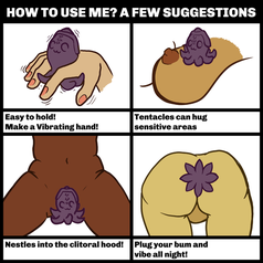 A cartoon of suggestions on how to use it, including showing how it can be gripped by the tentacles, used on nipples, to stimulate the clitoris, and as a butt plug