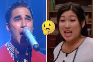 On the left, Blaine from "Glee" singing "Cough Syrup," and on the right, Tina from "Glee" singing "Sing!" with a thinking face emoji in between the two images