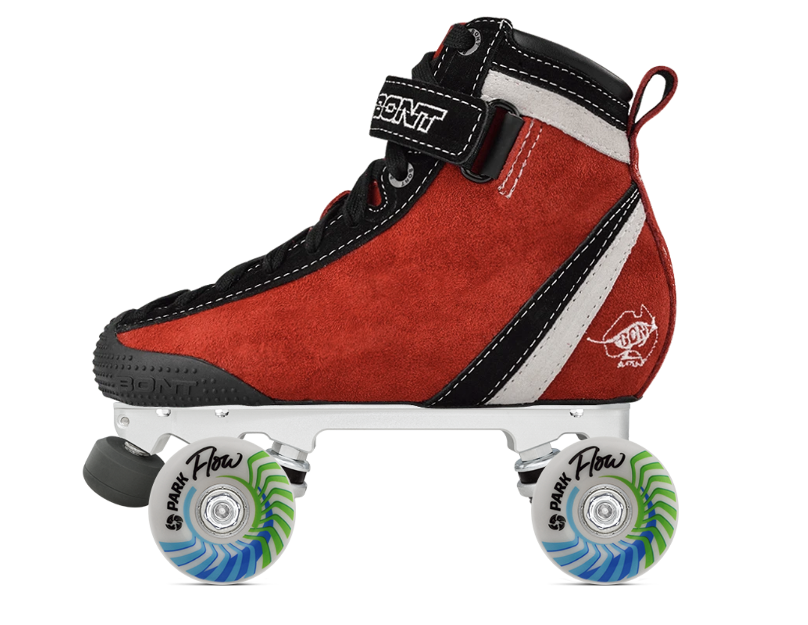A red roller skate with blue, white, and green wheels