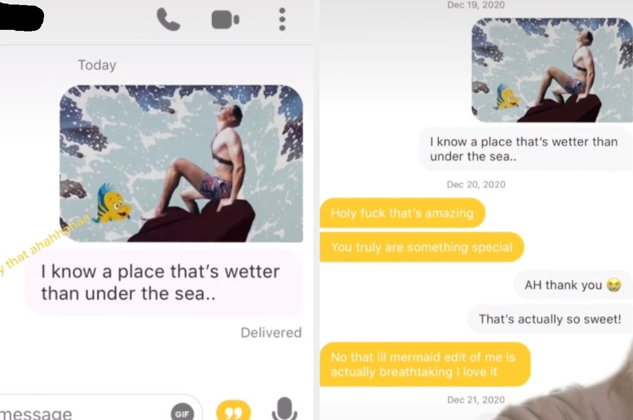 A Bumble matched majestically edited in a &quot;Little Mermaid&quot; scene surrounded by water with the pickup line: &quot;I know a place that&#x27;s wetter than under the sea&quot;