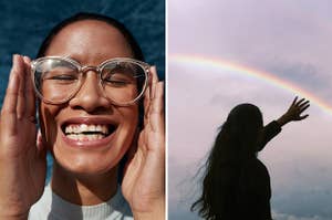 (left) A woman in clear-framed glasses closes her eyes and smiles in joy showing slightly crooked teeth; (right) a dark female silhouette against a twilight sky reached out towards a rainbow 
