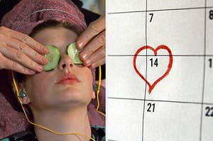 On the left, Anne Hathaway with a towel on her head, cucumbers on her eyes, and headphones in her ears as Mia in "The Princess Diaries," and on the right, a calendar with the 14th circled with a heart