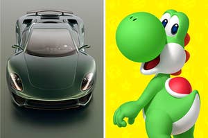 A sports car is shown in an aerial  view on the left with Yoshi looking back on the right
