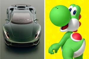 A sports car is shown in an aerial  view on the left with Yoshi looking back on the right