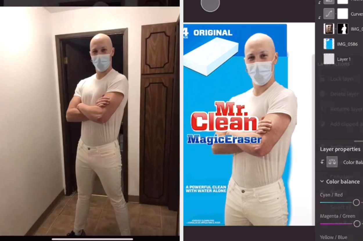 A Bumble matched dressed as Mr Clean next to a photoshopped image of him in a Mr Clean Magic Eraser ad