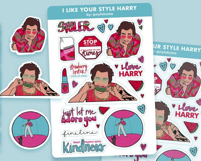 the harry styles sticker set featuring stickers like an illustration of the fine line album cover and text that reads 