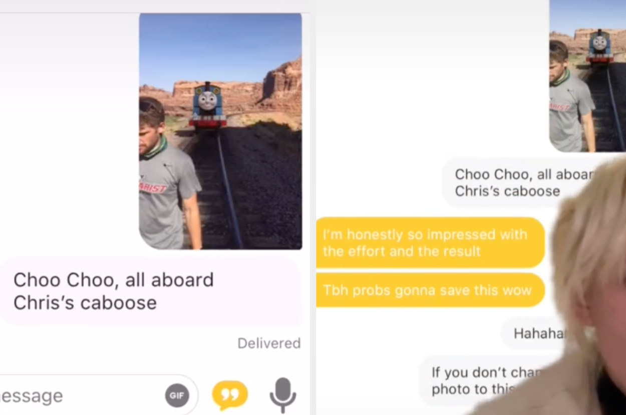 A Bumble match on railroad tracks with the pickup line: &quot;Choo choo, all abroad Chris&#x27;s caboose&quot;