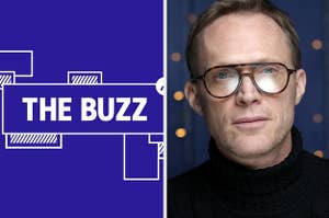 Splitscreen of purple graphic with THE BUZZ in white letters on the left side and a photo of Paul Bettany in a black turtleneck and glasses on the right side (CREDIT: GETTY)