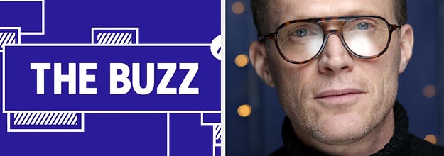 Splitscreen of purple graphic with THE BUZZ in white letters on the left side and a photo of Paul Bettany in a black turtleneck and glasses on the right side (CREDIT: GETTY)