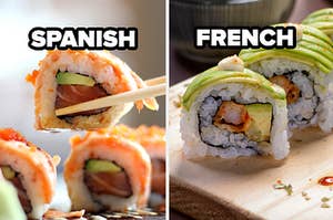 spanish and french labels on different types of sushi