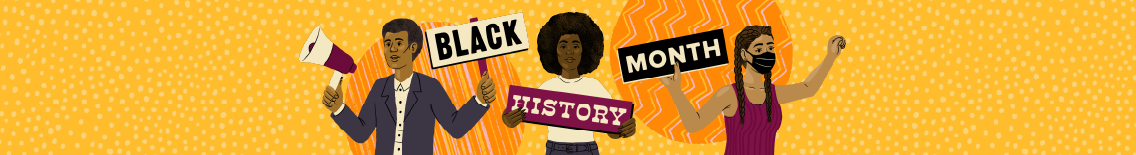 An illustration of three people holding signs that say Black history month