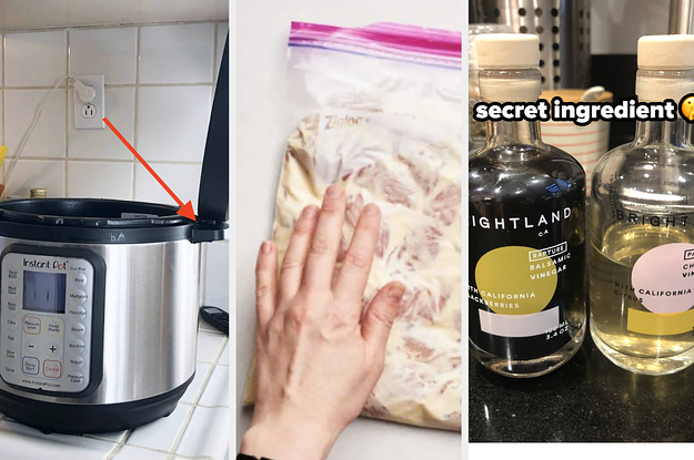 An open Instant Pot, oven-baked fried chicken, and two bottles of vinegar