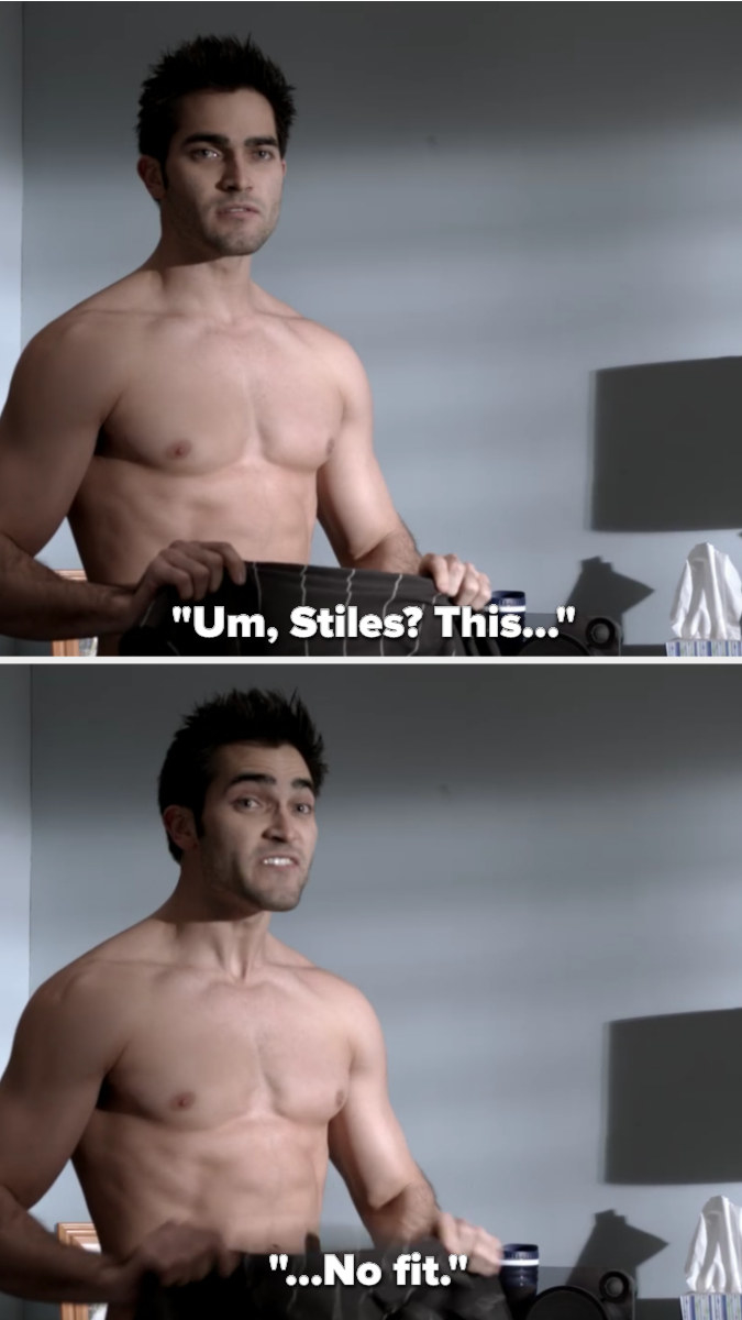 shirtless Derek says &quot;Um Stiles, this...no fit&quot;