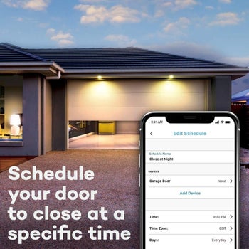 Smartphone opened to accompanying app with garage door closing in the background