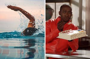 On the left, someone swimming in a pool, and on the right, Winston from "New Girl" eating a sheet cake