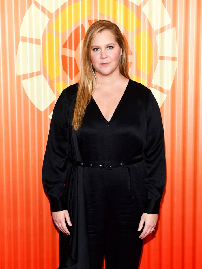 Amy Schumer attends Charlize Theron's Africa Outreach Project Fundraiser at The Africa Center in New York City and poses while wearing a belted jumpsuit