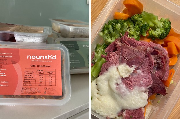 Side by side image showing a packaged Nourish'd meal with the label